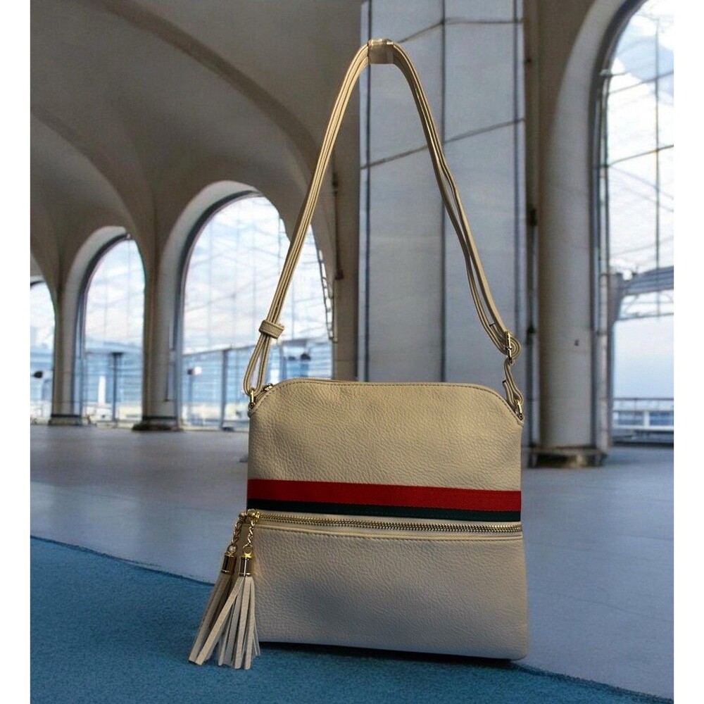 Cream Crossbody Purse Red Green Stripe Tassel Leopard Lining Retro Chic - Picture 1 of 12